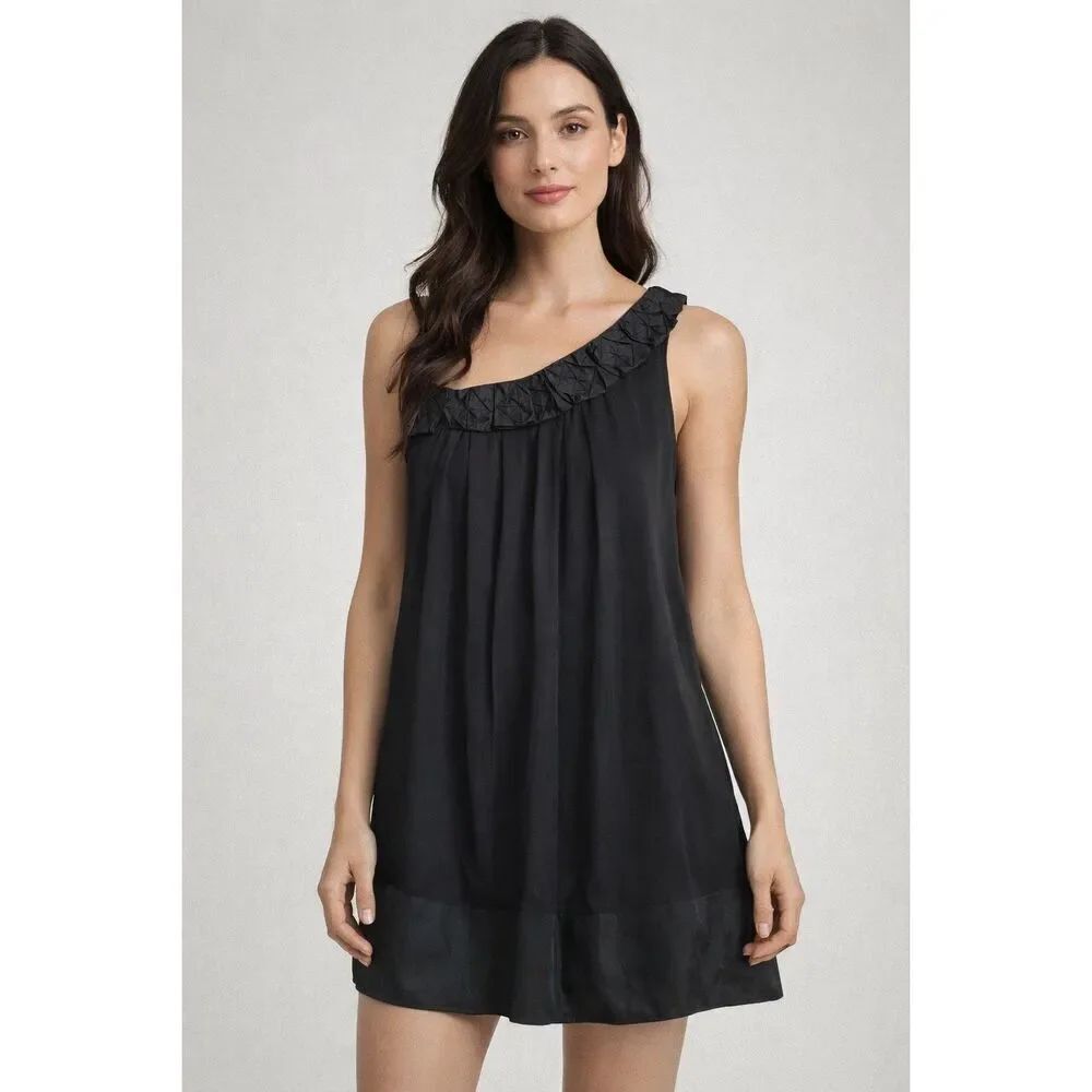 Bebe Black Silk One Shoulder Dress Embellished Neck Size S